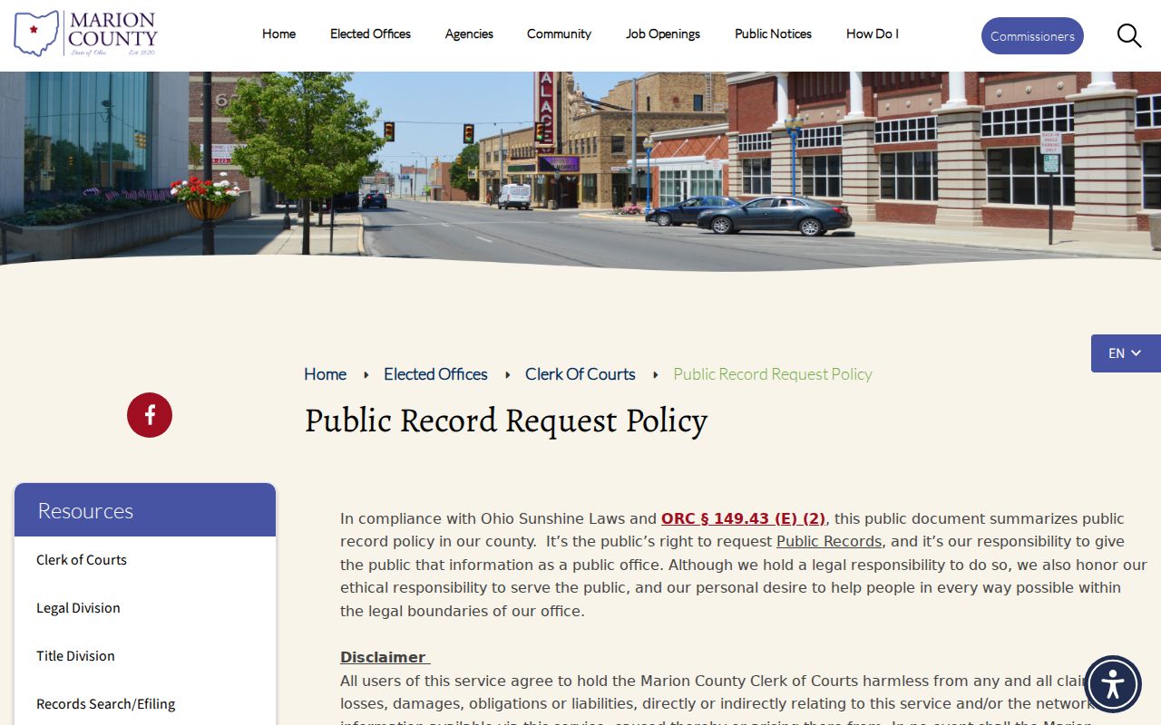 Marion residents directory Clerk of Courts public-record request policy