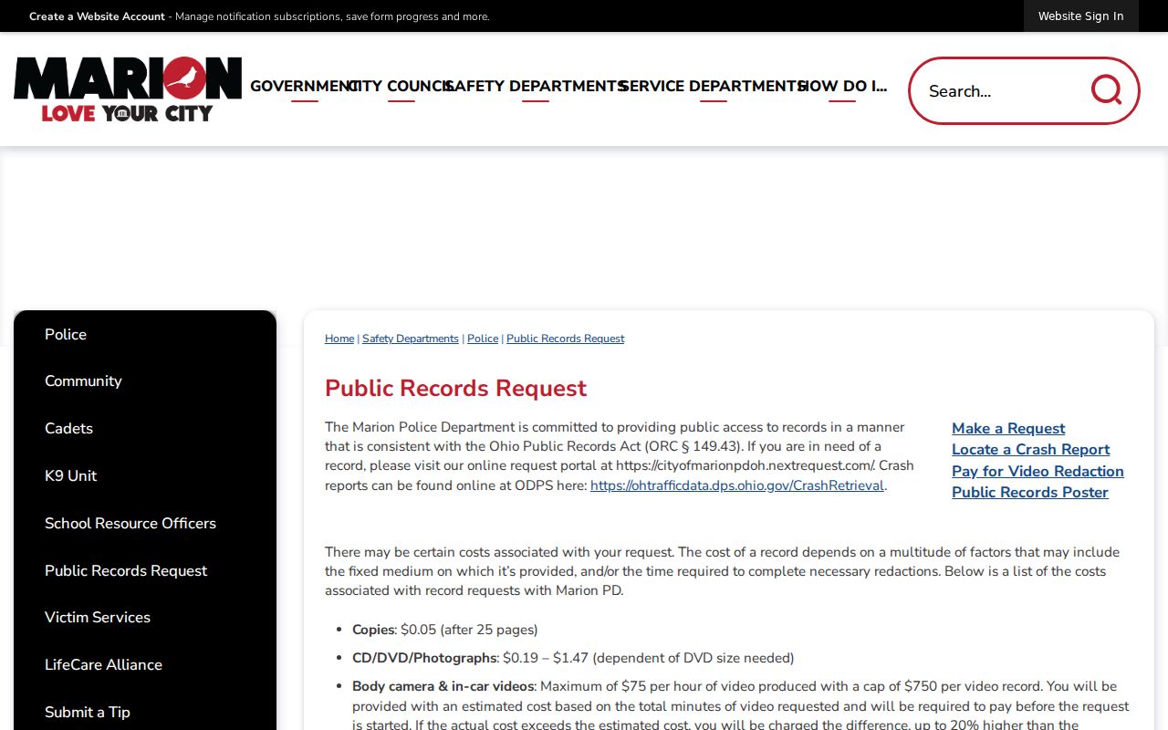 Marion previous residents City public records request procedures