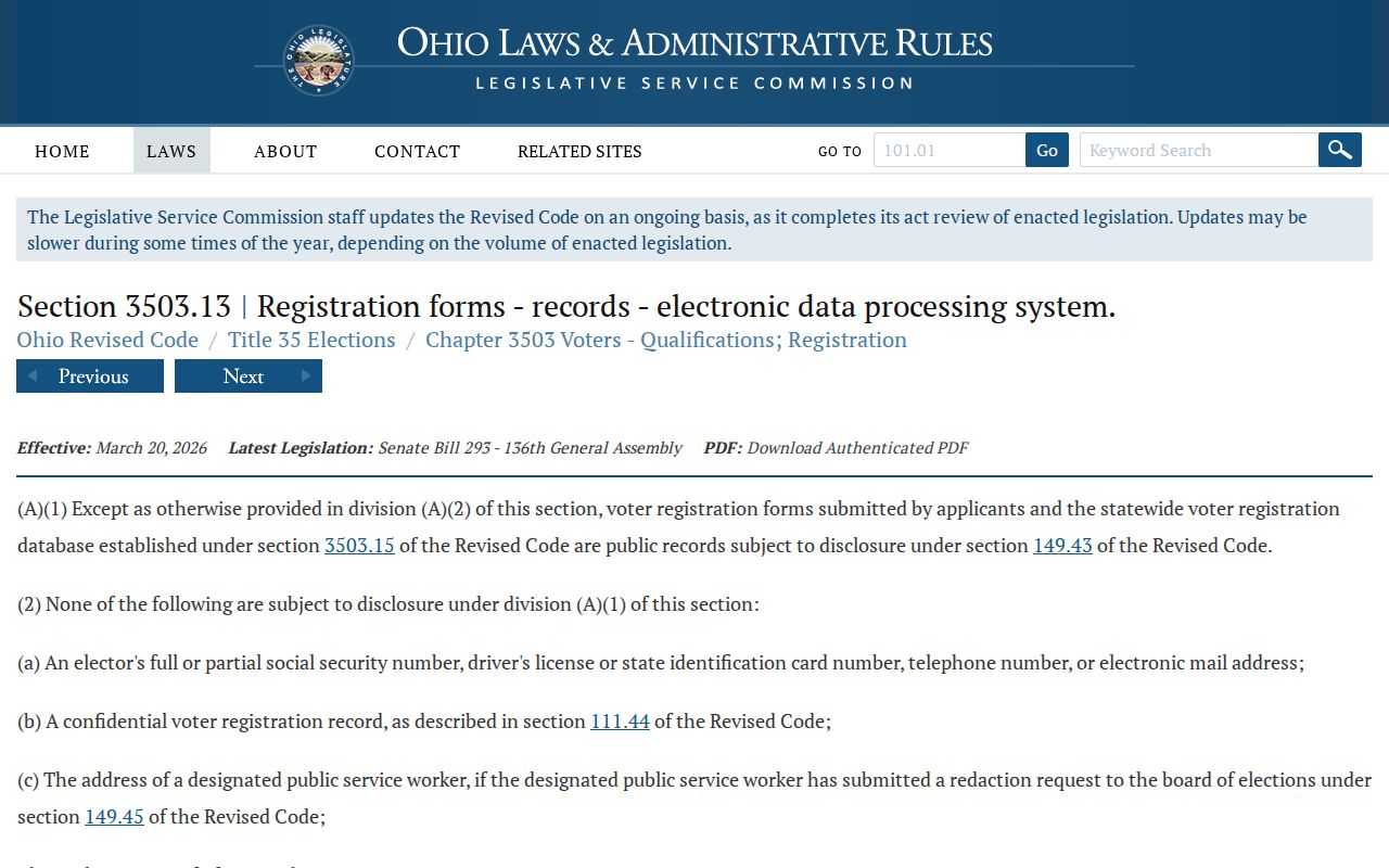 Marion ZIP code directory Ohio voter-record access statute source