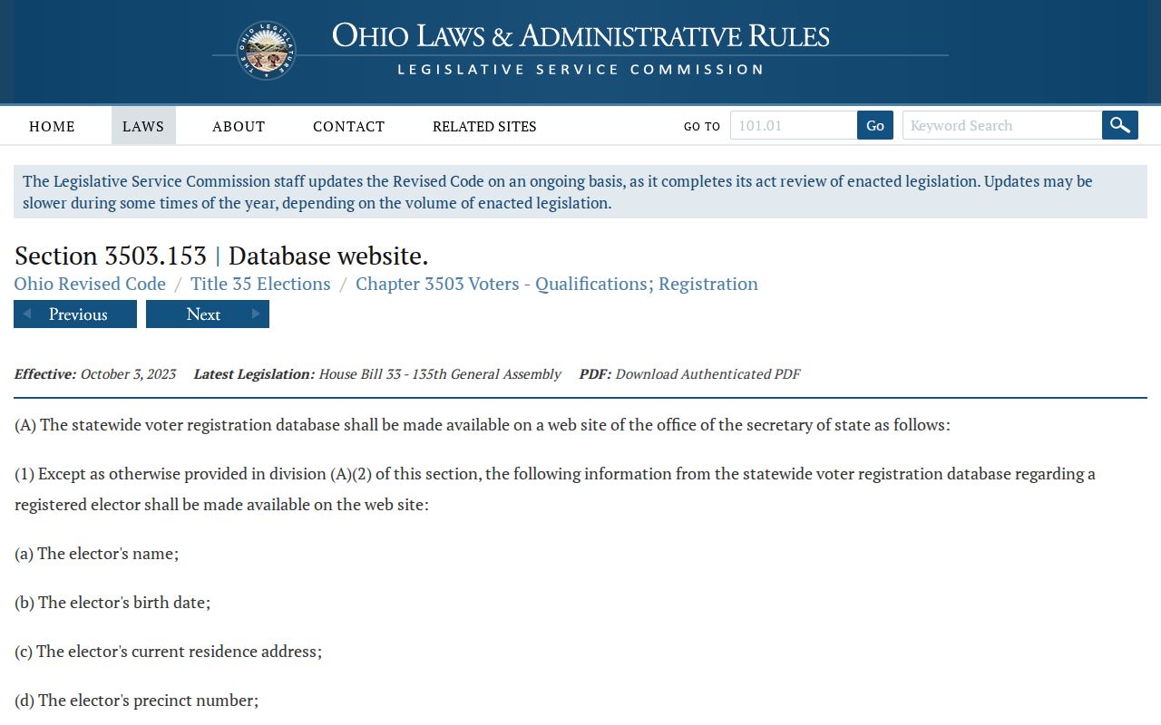 Marion ZIP code directory Ohio public voter database fields statute source